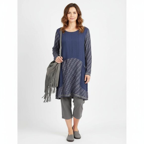 Flax Blue 100% Linen Long Sleeve Two Tone Tunic Top P - Picture 7 of 7